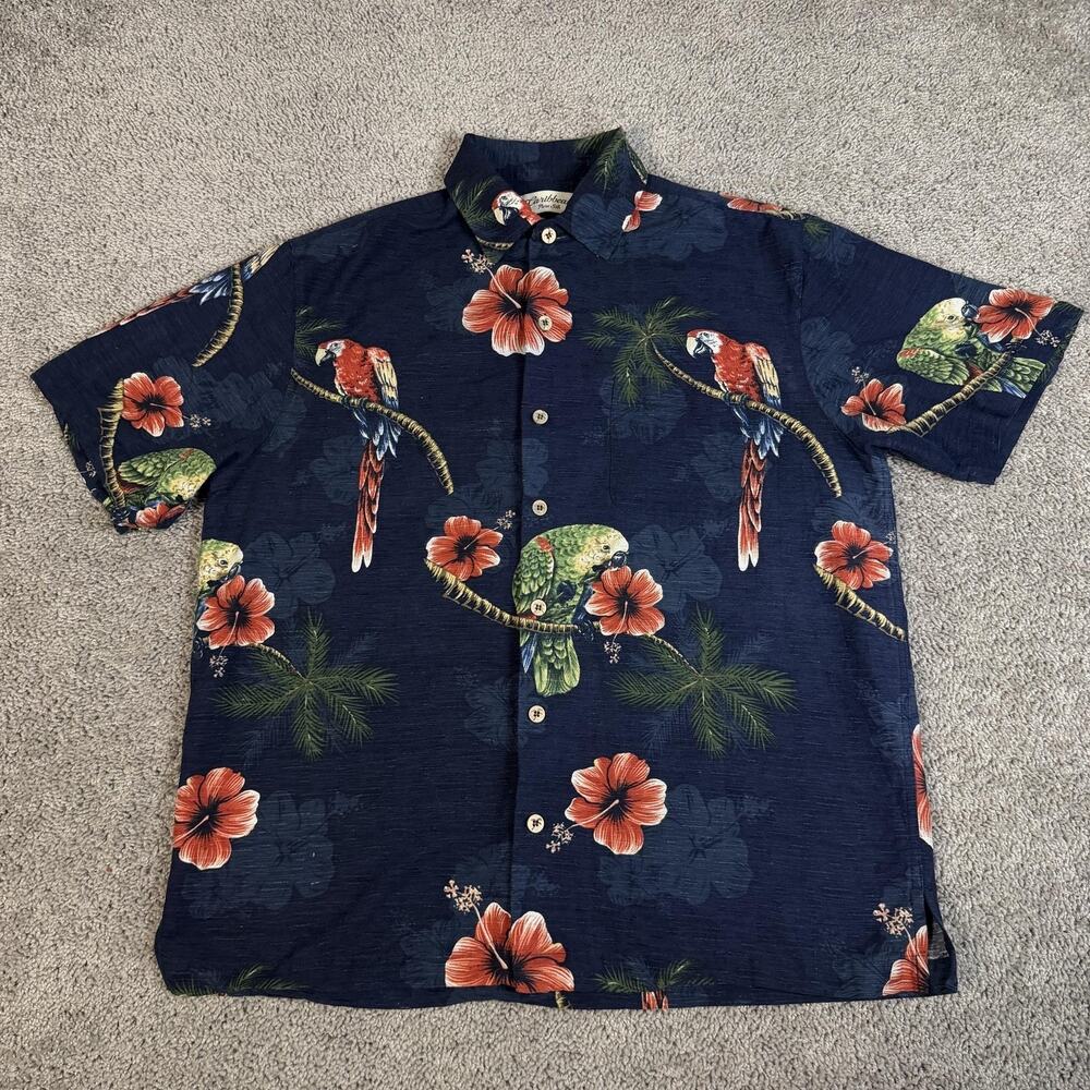 Caribbean Shirt Mens L Blue Short Sleeve Button Up Silk Floral Pocket Relaxed